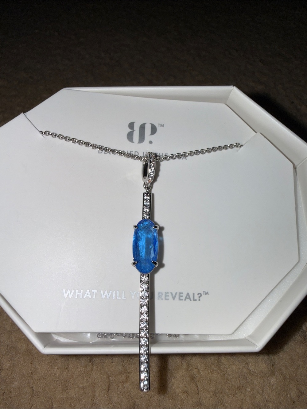 Blue Crystal Vertical Bar Pendant Necklace - Silver Tone